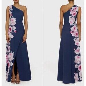 KAY UNGER Carissa Navy Floral One Shoulder Dress Size 2 Slit Formal Long Gown